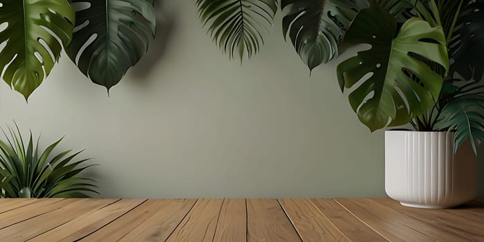 Modern minimalistic composition of blank mockup against green tropical leaves on pastel background. Generative AI.