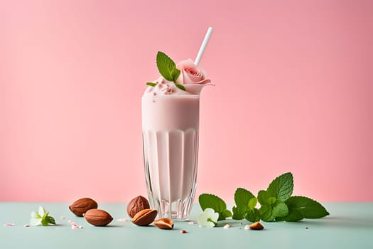 A delicious pink milkshake served in a glass, topped with fluffy whipped cream and garnished with fresh mint leaves, creating a refreshing and tasty treat.