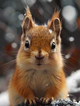 A closeup of an Eurasian Red Squirrel, a terrestrial rodent, showing its whiskers and fur while looking directly at the camera in a captivating event
