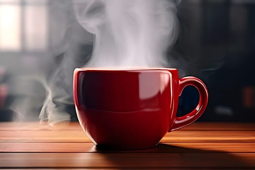 A cozy red coffee cup with steam gently rising from it, creating a warm and inviting atmosphere perfect for a relaxing moment.