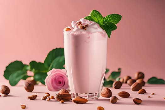 A delicious pink milkshake served in a glass, topped with fluffy whipped cream and garnished with fresh mint leaves, creating a refreshing and tasty treat.