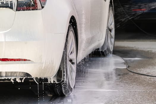 Efficiently cleaning an electric car in the comfort of a suburban driveway, combining eco-consciousness with practicality.