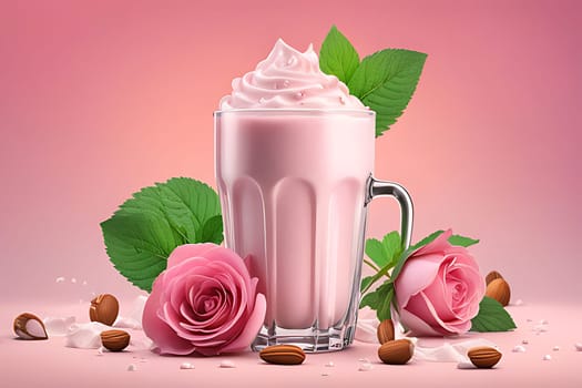 A delicious pink milkshake served in a glass, topped with fluffy whipped cream and garnished with fresh mint leaves, creating a refreshing and tasty treat.