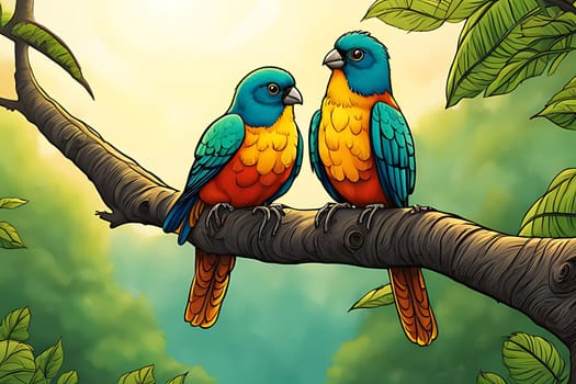 A serene image of two birds perched on a branch, showcasing the beauty of nature and the simple elegance of avian life.