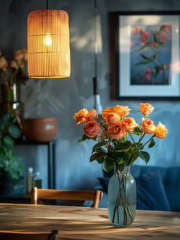 A table with a vase of red roses and a chair. The room is dimly lit, giving it a cozy and intimate atmosphere