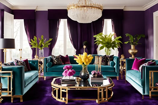 A modern living room featuring stylish purple walls and matching purple couches, creating a bold and vibrant interior design.