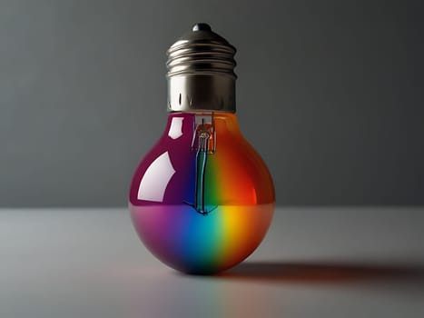 Colorful rainbow colored light bulb lamp inside empty dimmed room. Creative idea concept in diversity. Generative AI.