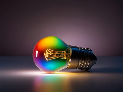 Colorful rainbow colored light bulb lamp inside empty dimmed room. Creative idea concept in diversity. Generative AI.