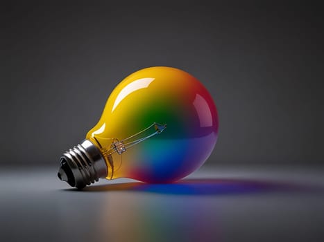 Colorful rainbow colored light bulb lamp inside empty dimmed room. Creative idea concept in diversity. Generative AI.