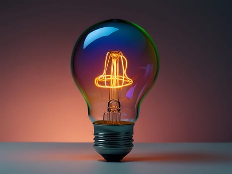 Colorful rainbow colored light bulb lamp inside empty dimmed room. Creative idea concept in diversity. Generative AI.