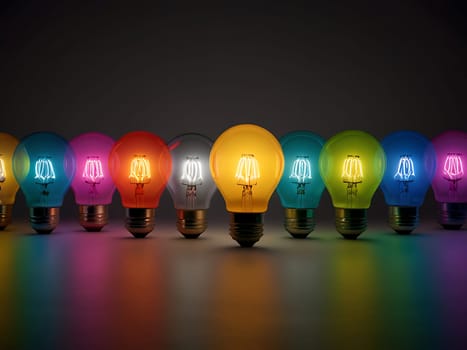 Colorful rainbow colored light bulb in a row inside empty dimmed room. Creative idea concept in diversity. Generative AI.