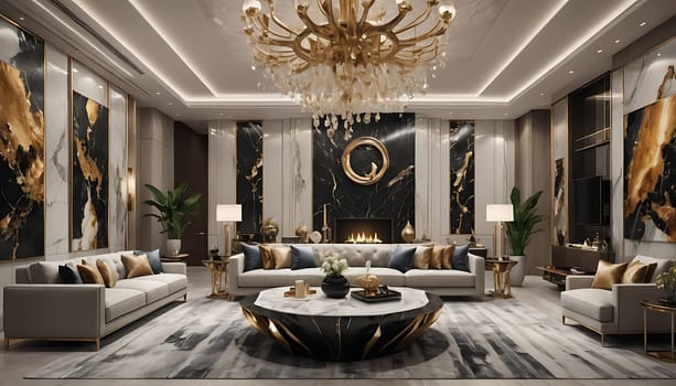 A living room with a chandelier and a fireplace. High quality photo