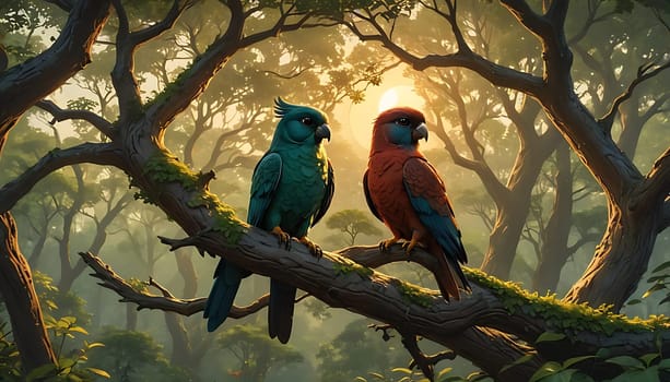 A serene image of two birds perched on a branch, showcasing the beauty of nature and the simple elegance of avian life.