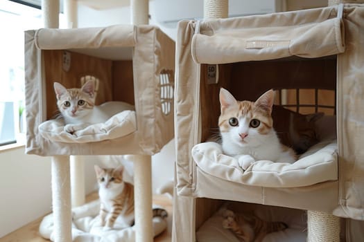 Three cats are sitting in a cat tree with a white cat on the top.