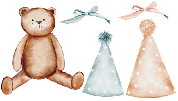 Happy birthday bear watercolor set. Cute hand drawn drawings of a plush animal with a pink and blue bow and party hat. Clip art on isolated white background. Ideal for baby shower and birthday cards and invitations, tags and logos for children's clothing stores. High quality illustration