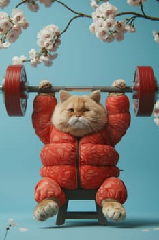 A cartoon cat is lifting a weight bar with pink and blue balls surrounding it. The image has a playful and lighthearted mood, with the cat's exaggerated pose