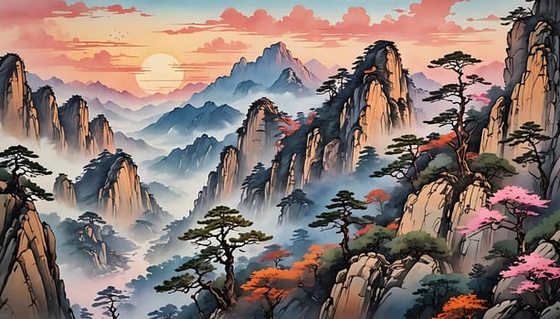 A captivating painting depicting a misty mountain landscape with trees shrouded in fog, evoking a sense of mystery and natural beauty.