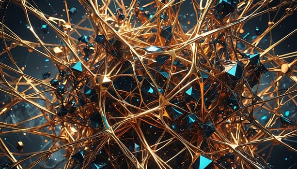 A stunning abstract visualization of a neural network, featuring intricate golden connections and blue geometric nodes. The complex web of interconnected structures illustrates the dynamic and multifaceted nature of artificial intelligence and data processing. The vibrant colors and detailed design make this image perfect for themes related to technology, AI, machine learning, and futuristic concepts