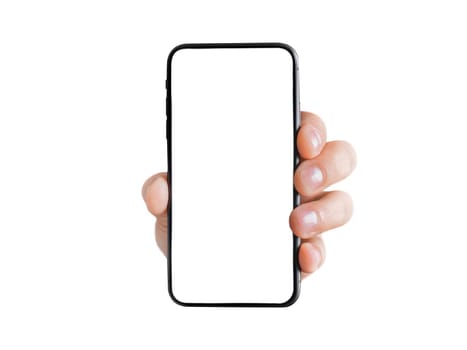 Hand with phone isolated on white background.