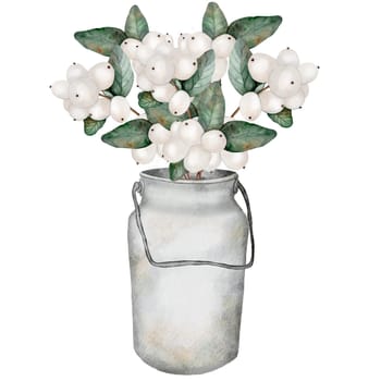 Mistletoe bouquet watercolor. Hand drawn snowberry in a can isolated on white background. Realistic white berry with green leaves. Ideal for Christmas and New Year card designs and natural cosmetics packaging. High quality photo