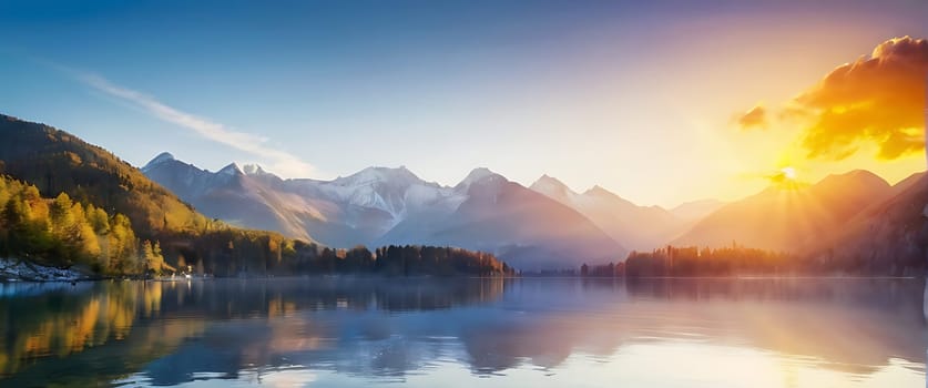 A beautiful lake surrounded by mountains with the sun rising over it.