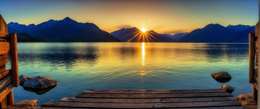 A beautiful lake surrounded by mountains with the sun rising over it.