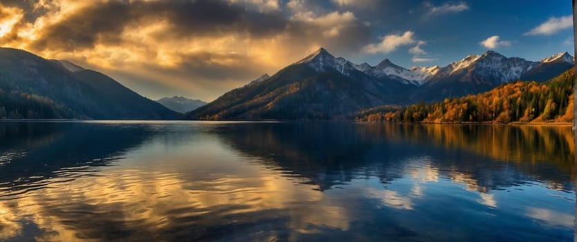 A beautiful lake surrounded by mountains with the sun rising over it.