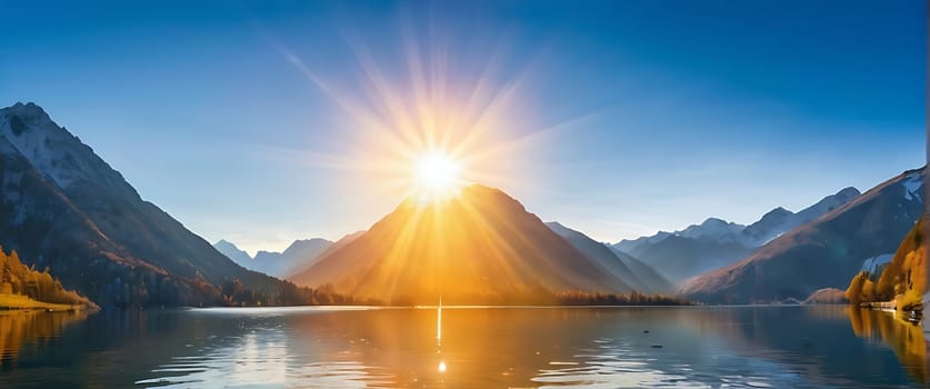 A beautiful lake surrounded by mountains with the sun rising over it.