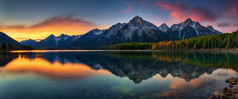 A beautiful lake surrounded by mountains with the sun rising over it.