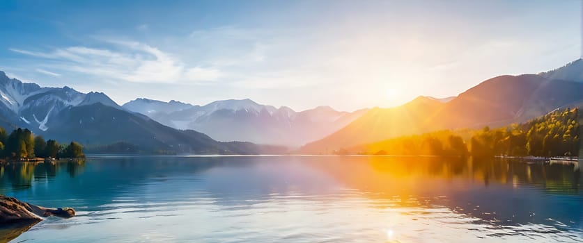 A beautiful lake surrounded by mountains with the sun rising over it.