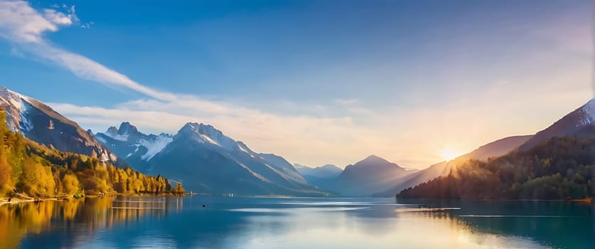 A beautiful lake surrounded by mountains with the sun rising over it.