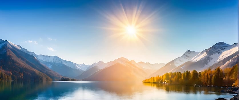 A beautiful lake surrounded by mountains with the sun rising over it.