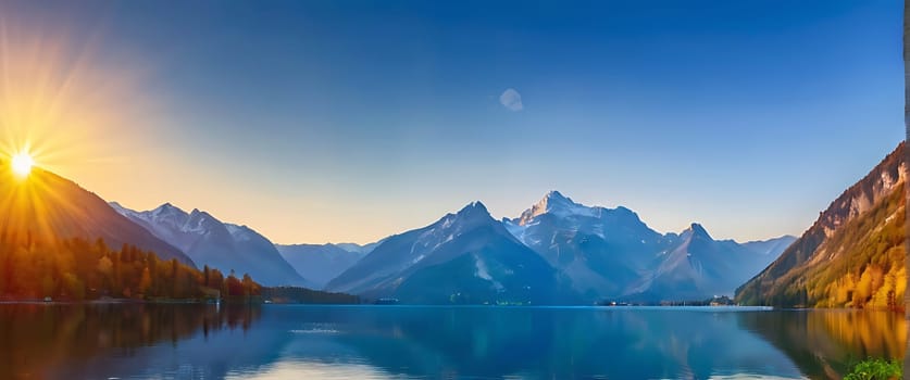 A beautiful lake surrounded by mountains with the sun rising over it.