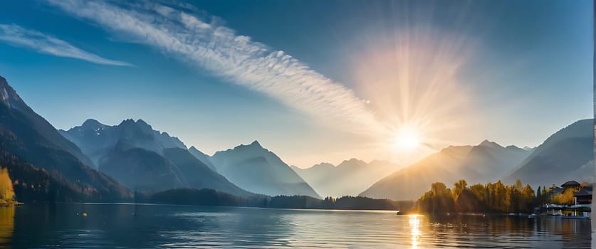 A beautiful lake surrounded by mountains with the sun rising over it.