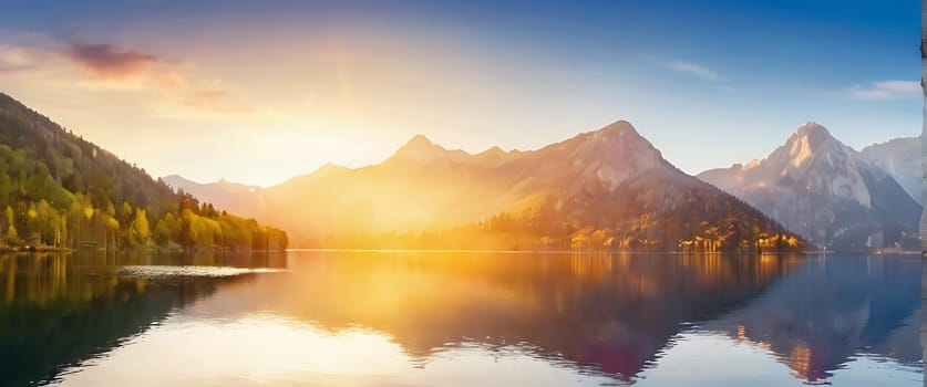 A beautiful lake surrounded by mountains with the sun rising over it.