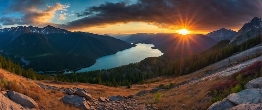 A beautiful lake surrounded by mountains with the sun rising over it.