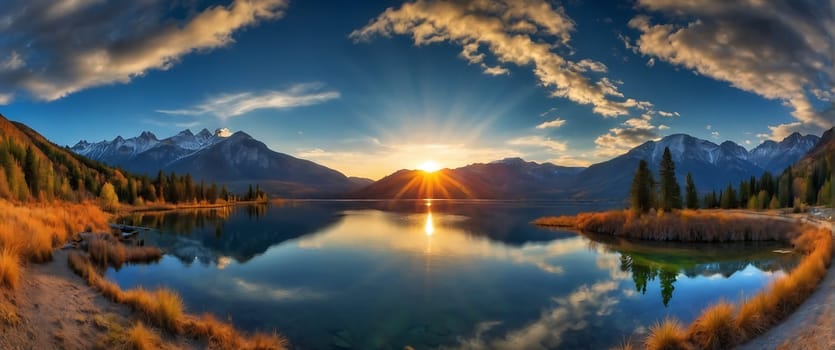 A beautiful lake surrounded by mountains with the sun rising over it.