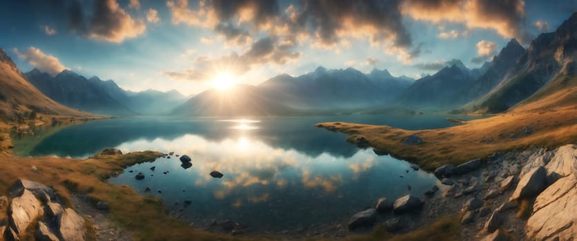 A beautiful lake surrounded by mountains with the sun rising over it.