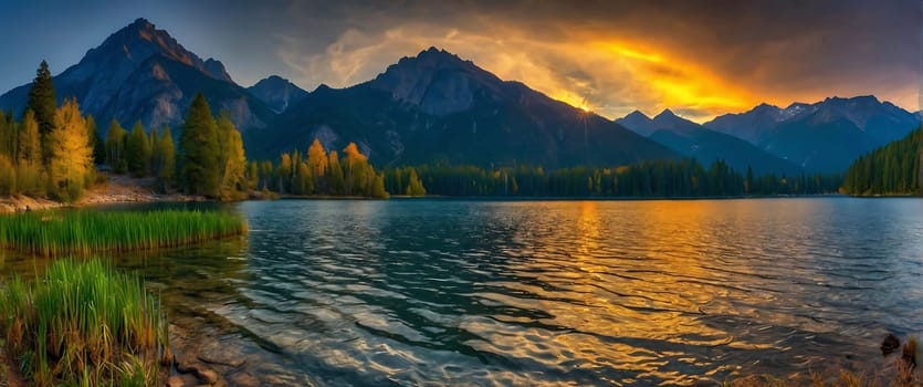 A beautiful lake surrounded by mountains with the sun rising over it.