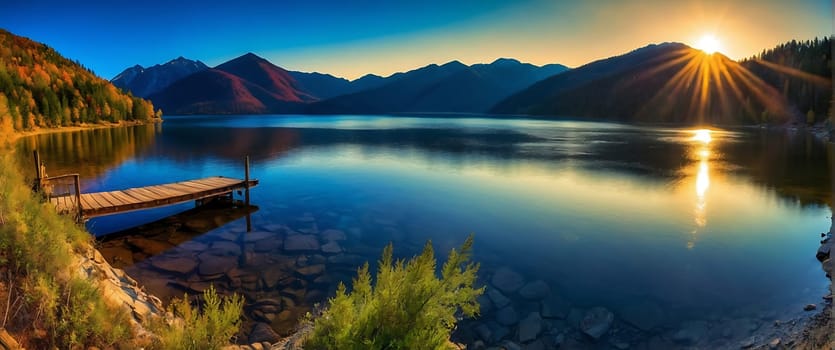 A beautiful lake surrounded by mountains with the sun rising over it.