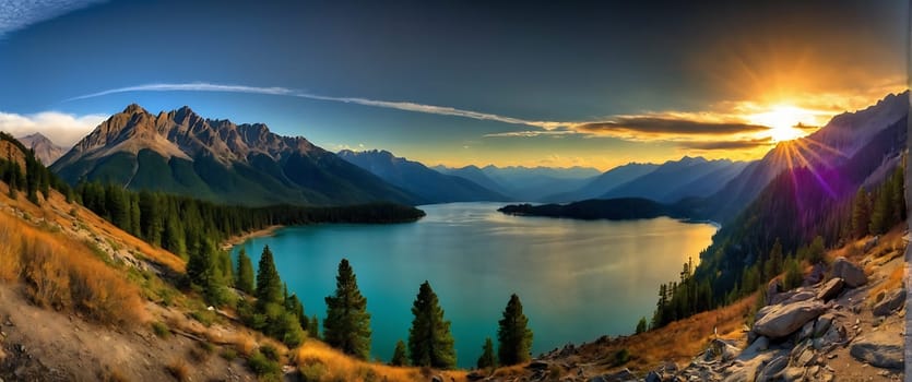 A beautiful lake surrounded by mountains with the sun rising over it.