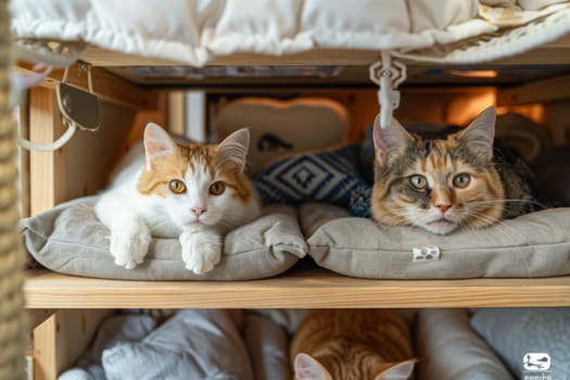 Three cats are sitting in a cat tree with a white cat on the top.