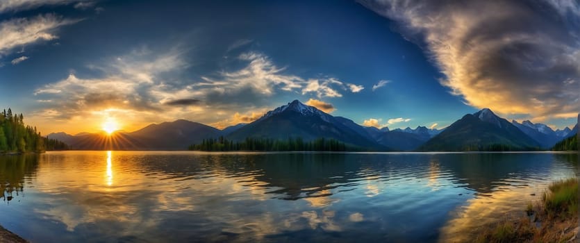 A beautiful lake surrounded by mountains with the sun rising over it.