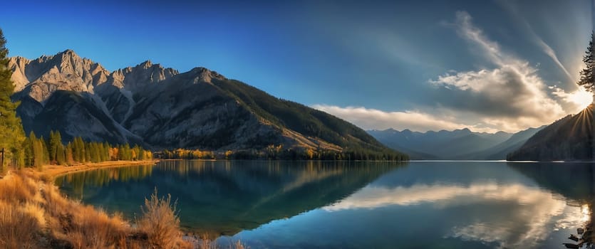 A beautiful lake surrounded by mountains with the sun rising over it.