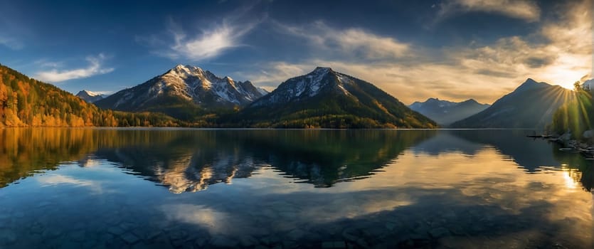 A beautiful lake surrounded by mountains with the sun rising over it.