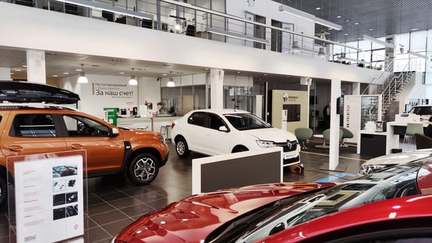 Cheboksary, Russia - March 20, 2023: Cars in showroom of dealership Renault