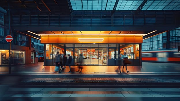 A group of people are walking into a store with a red and white sign. The store is brightly lit and has a welcoming atmosphere