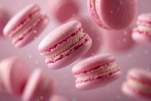 Pink macarons are flying on a pink background.