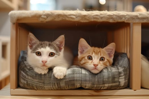 Three cats are sitting in a cat tree with a white cat on the top.