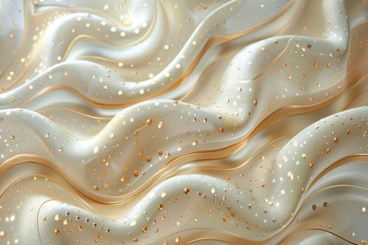 Golden milk pearl river. Solid wavy texture with gold plating and pearls. Luxurious background.